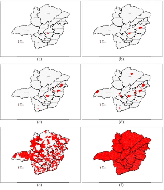 Figura 3.1(a) representa o mapa de Minas Gerais em que as 0,4%(ou seja, 0,004*853=3) regi˜oes com maiores LLR individuais (referentes aos ´obitos por homic´ıdio, 1998 a 2002) s˜ao destacadas em cinza escuro