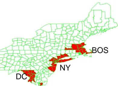 Figura 4.3: Clusters artificiais BOS, NY, DC para casos de cˆancer de mama no Nordeste dos Estados Unidos.