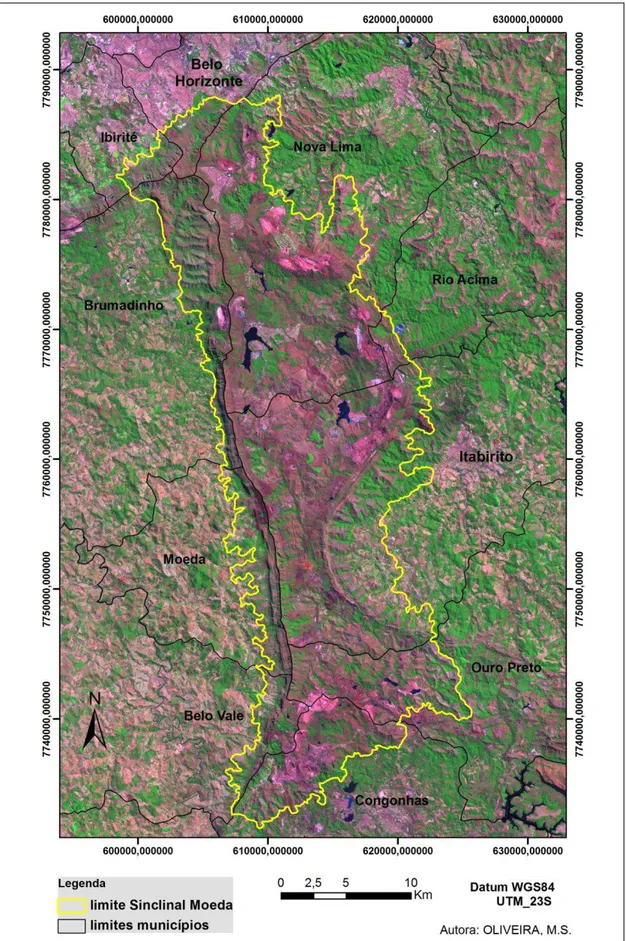 Figura  5:  Localização  do  Sinclinal  Moeda  sobre  imagem  Landsat  -5  TM  composição  colorida RGB-743 para o ano de 2011