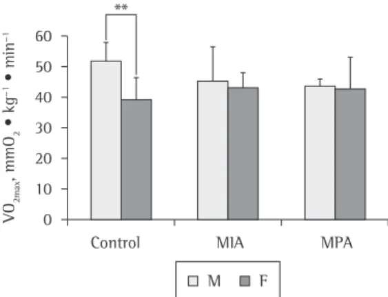 Figure 1 - Maximal oxygen consumption (VO 2max )  behavior in the groups studied, separated by gender