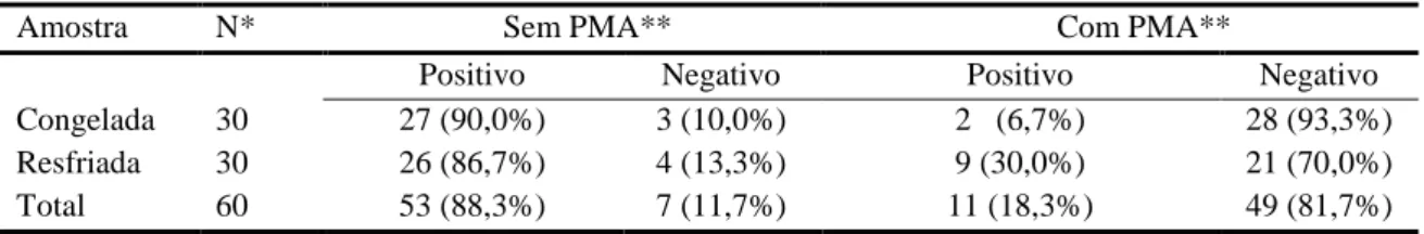 Tabela  2.  Resultados  da  pesquisa  da  presença  de  Campylobacter  spp.  em  carcaças  de  frango  em  temperaturas  de  congelamento  e  resfriamento,  realizada  pela  técnica  de  PCR  em  tempo  real  e  PCR  em  tempo real associada ao tratamento com PMA 