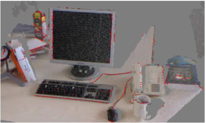 Figure 1.2. A point cloud created from a RGB-D image and the keypoints detected (red points) by our methodology.