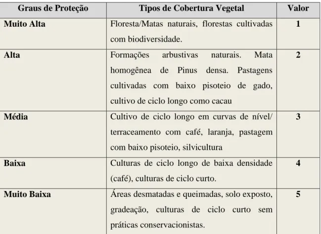 Tabela 04- Ponderação dos tipos de cobertura vegetal e definição do grau de proteção.  Adaptado Ross (1994)