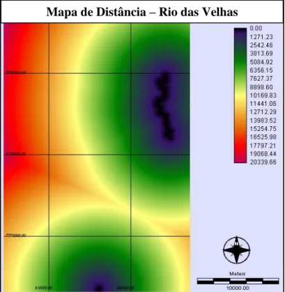 Figura  05  –  Superfície  de  distância  gerada  no  IDRISI  para  ponderação  do  fator  relacionado à qualidade da água