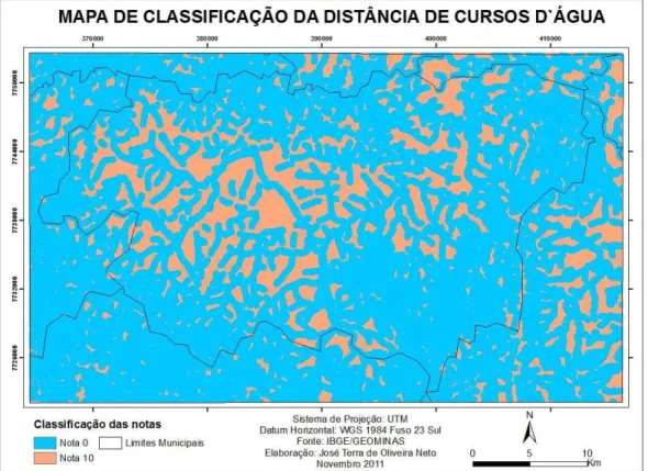 Figura 05 – Classificação da Distância de 300 metros de Cursos D’Água na Região de  Piumhi-MG 