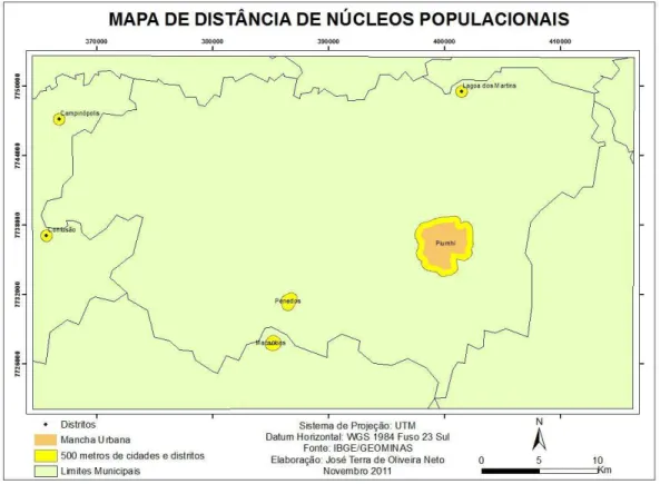 Figura 06 – Distância de 500 metros das Cidades e Distritos existentes na Região de  Piumhi-MG 