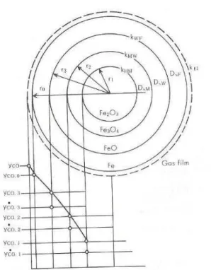 Figura  3.9  Esquema  do  modelo  do  núcleo  não  reagido  de  três  interfaces  (Takahashi,1980 et al apud Omori, 1987) 