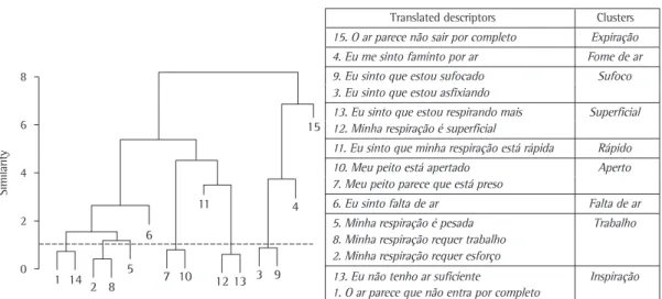 Figure 1 - Dendrogram illustrating the distribution of the dyspnea descriptors translated from English to  Brazilian Portuguese and the clusters formed after 180 volunteers had selected the three descriptors that best  described their sensation of dyspnea