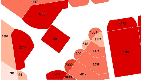 Figura 15. Exemplo do mapa de contagens na área de estudo (áreas de montra e lojas). 