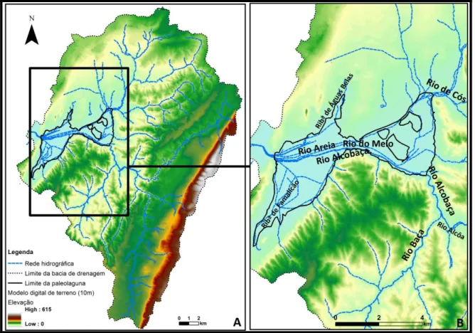 Figura 2.2 – A – Bacia hidrográfica da várzea da Nazaré; B - Rede hidrográfica que atravessa a paleolaguna  da Pederneira