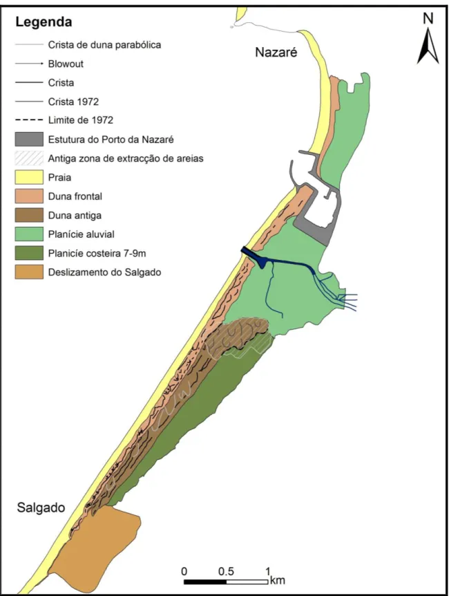 Figura 2.4 – Esboço geomorfológico do alvéolo litoral da paleolaguna da Pederneira efetuado com base nas  fotografias aéreas de 2002 (reproduzido de Freitas et al., 2010)