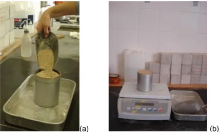 FIGURA 3.9 – ENCHIMENTO DO RECIPIENTE DE 1LITRO (B) E PESAGEM DO CONJUNTO (B)  TABELA 3.3 – MASSA VOLÚMICA APARENTE DA AREIA DE RIO 