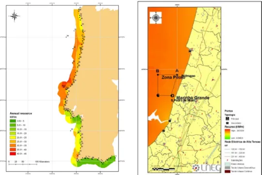 Figura 1.4: Recurso das Ondas em Portugal. Adaptado de [Pontes, 2012 ].