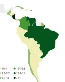 Figura 3 – Prevalência (%) estimada de DM (20 a 79 anos) para a região da América Central e do Sul  - 2011