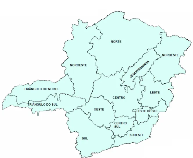 Figura 11 - Mapa do Estado de Minas Gerais com a divisão de Regiões Ampliadas de Saúde  Fonte: MINAS GERAIS, 2011, p.1