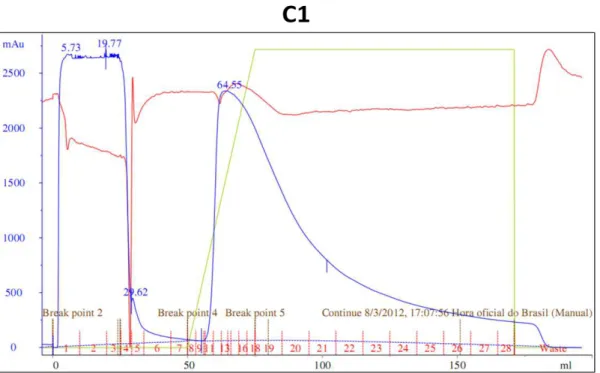 Figura  7: Gráfico  da  purificação  da  proteína  C1  por  cromatografia  de  afinidade,  em  uma  coluna  de  níquel,  no  aparelho  Akta