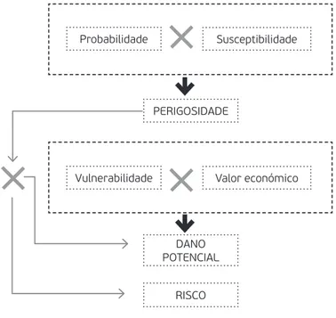 Figura 8. Componentes do Modelo de Risco (Fonte: DGRF, 2007)ProbabilidadeVulnerabilidadePERIGOSIDADEDANOPOTENCIALRISCO Susceptibilidade Valor económico