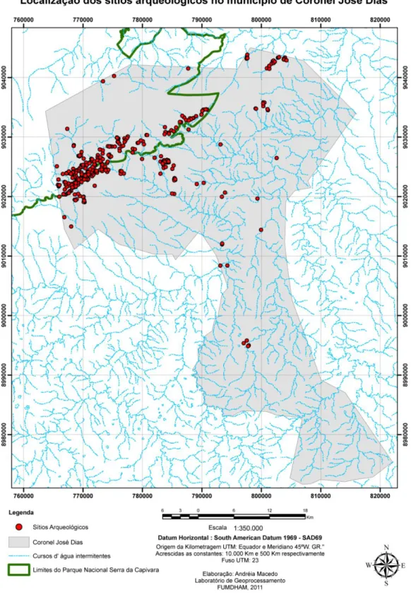 Figura  4:  Mapa  de  localização  dos  sítios  arqueológicos  no  município  de  Coronel  José  Dias-  dentro  do  PNSC e fora