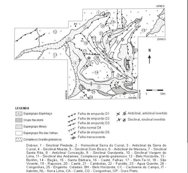 Figura 2 - Quadrilátero Ferrífero com suas principais estruturas limitantes: Homoclinal da  Serra do Curral (3); Sinclinal Dom Bosco (5); Sinclinal Santa Rita (7) e Sinclinal Moeda (4)