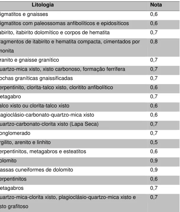 TABELA 2 - LITOLOGIA DA ÁREA DE ESTUDO E RESPECTIVAS NOTAS 