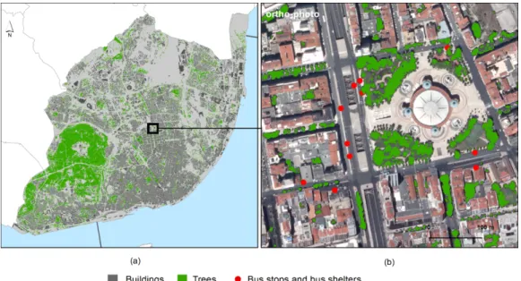 Figure 4. Tree map derived from the object-oriented classification of the ortho-photo for the whole  city (a) and a neighborhood close-up (b) 