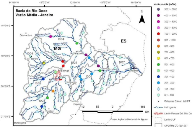 FIGURA 16 - Média da vazão na bacia do rio Doce para o mês de janeiro.  Fonte de dados: ANA