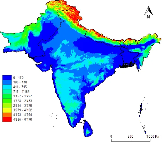 Figure 7 - Altitude variation (in meters) of the study area, where blue is 0m above the sea level and red is  more than 4,865m above sea level