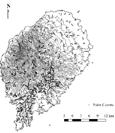 Figure 1.1. Location of sampling point counts and occasional observations (n = 3056)  in São Tomé Island