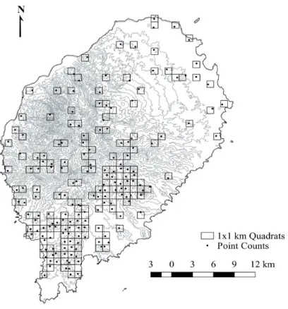 Figure  2.1.  São  Tomé  Island  sampling  locations.  The  lines  in  the  background  represent the 100 m elevation isolines