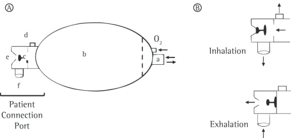 Figure 1 - Schematic representation of the manual resuscitator. Figure A illustrates all of the components  of the resuscitator, and figure B illustrates only the patient connection port, highlighting the positioning  of the patient valve during inhalation
