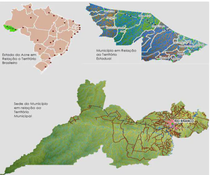 Figura 1: Cenários da pesquisa: localização do Acre no Brasil, o Estado do Acre com suas  divisões municipais e o território municipal, com destaque para a cidade de Rio Branco 
