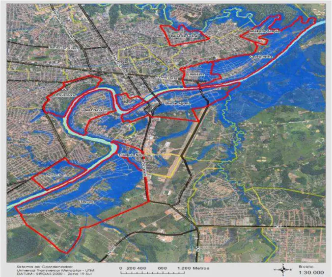 Figura 2: Cenários da pesquisa: localização dos bairros Baixada da Habitasa e Seis de Agosto,  inseridos no conjunto das áreas que se encontram na faixa de transbordamento do Rio Acre, 