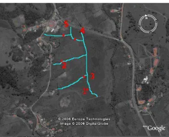 Figura 3- Localização dos cinco pontos de amostragem na área de trabalho. Os  canais encontram-se destacados em linhas azuis