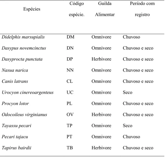 Tabela 1. Registros  de  espécies  de  mamíferos  de  médio  e  grande  porte  no  monitoramento