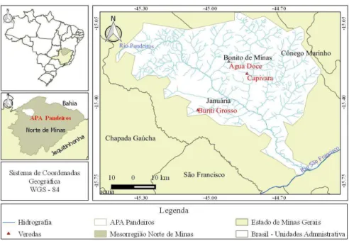 FIGURA  2  -  Localização  das  áreas  de  estudo  situadas  nos  municípios  de  Januária  e  Bonito  de  Minas  localizadas  na  APA  do  Rio  Pandeiros/MG