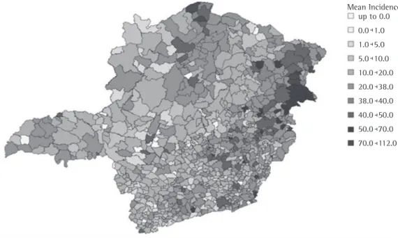 Figure 1 - Spatial distribution of the mean incidence of tuberculosis in the state of Minas Gerais, Brazil,  by city, 2002-2009