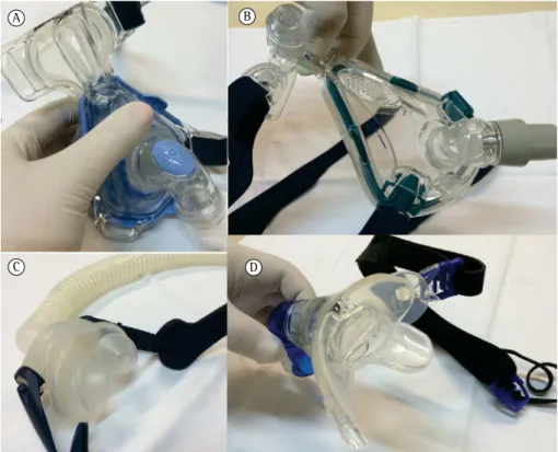 Figure 1 - Photographs showing the types of continuous positive airway pressure masks currently available for  the treatment of obstructive sleep apnea: nasal mask, in A; oronasal mask, in B; nasal pillows, in C; and oral mask,  in D