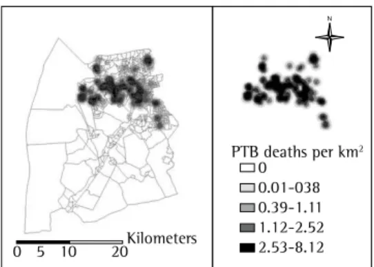 Figure 2 - Dot density map of deaths from pulmonary  tuberculosis (PTB) in the urban area of São Luís,  Brazil, 2008-2012