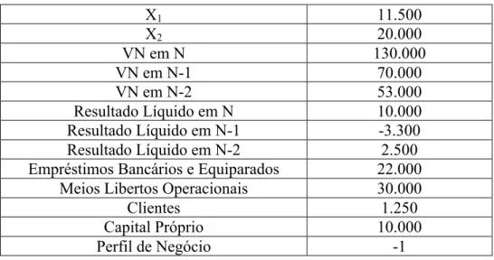 Tabela 3.2 – Dados da primeira empresa fictícia, com valores numéricos em euros 