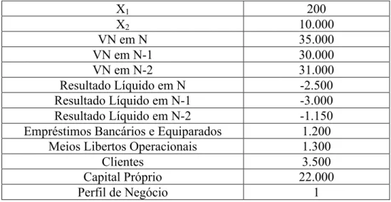 Tabela 3.3 – Dados da segunda empresa fictícia, com valores numéricos em euros 