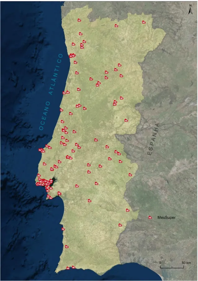 Figura 4.4: Distribuição das lojas da Insígnia Meu Super, no ano de 2015  Base cartográfica: CAOP (IGP), World Imagery (ESRI) 