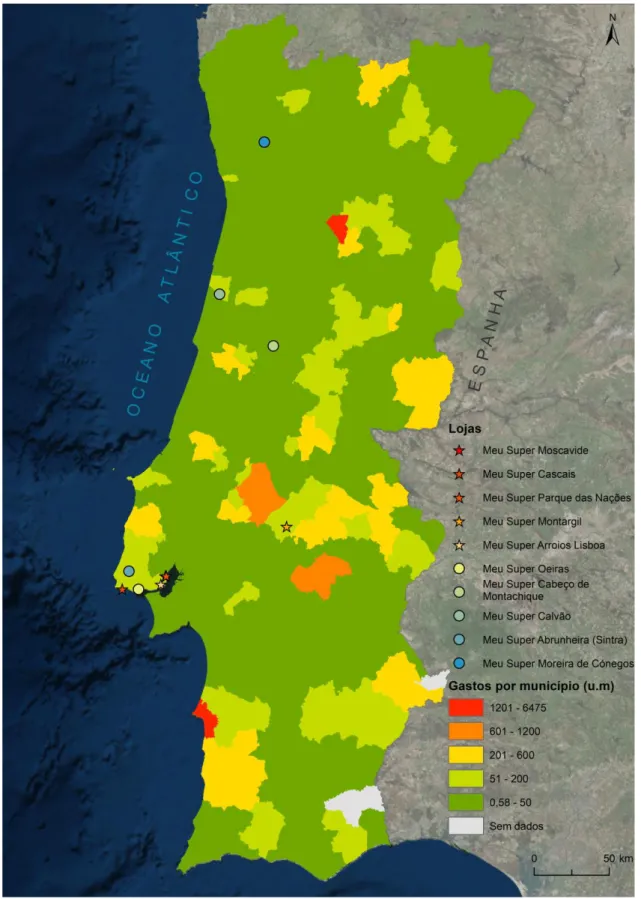 Figura 4.13: Média de Gastos, com cartão, por município    Base cartográfica: CAOP (IGP), World Imagery (ESRI)  