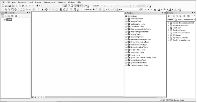 Figura 9 - Ambiente de trabalho das três aplicações (ArcMap, ArcToolBox e ArcCatalog) 