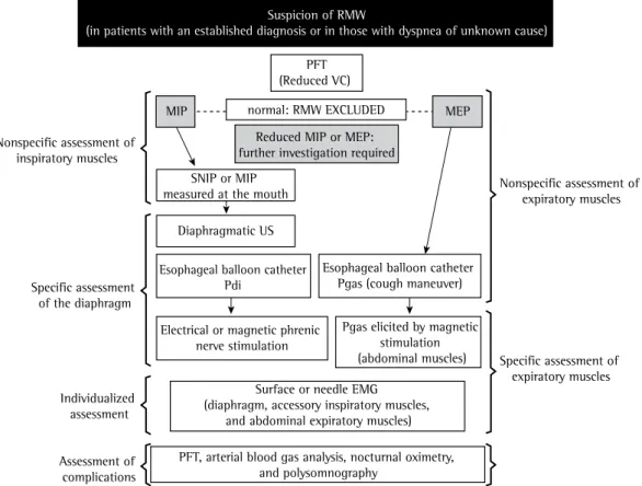 Figure 1 - Diagnostic algorithm for respiratory muscle weakness. RMW: respiratory muscle weakness; PFT: 