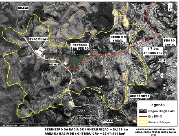 Figura 4 - Área de contribuição da bacia hidrográfica do córrego São Pedro e projeto de canalização