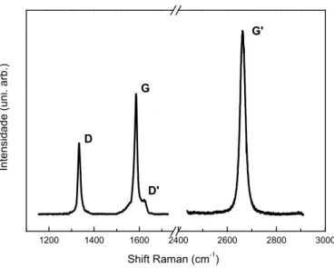 Figura 3.3: Espectro Raman típico de uma amostra de grafeno, mostrando a banda G e as bandas de dupla ressonância D, D ′ e G ′ .