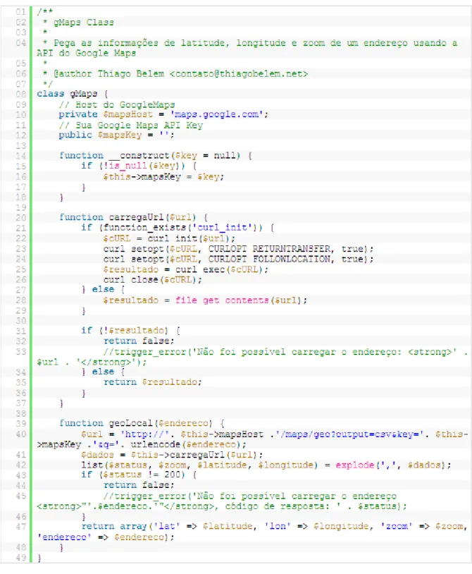Figura 4: Classe ev gMaps.php para acesso a API do Google