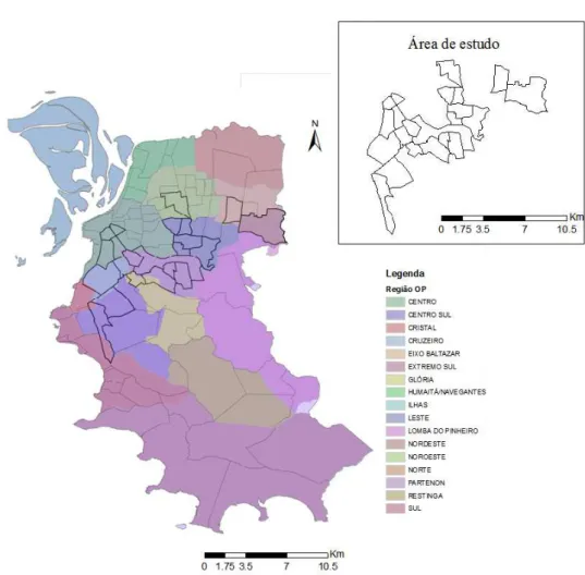 Figura 5. Mapa de Porto Alegre (RS). Regiões do orçamento participativo (em cores) e em destaque   os bairros da área de estudo