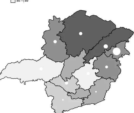 Figura  6:  Distribuição  de  porcentual  de  domicílios  particulares  com  lixo  coletado*  e  proporção de mães de nascidos vivos soropositivas para o HTLV-1/2**, por mesorregião  geográfica do estado de Minas Gerais