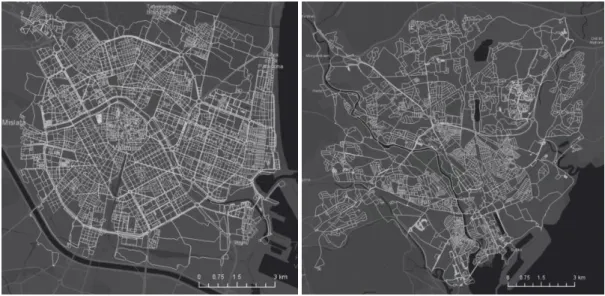 Figure 6: Primal edge of two cities. Left: 4km graph of Valencia, Right: 5km graph of Cardiff 